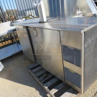One WORKING Stainless Steel Glastender 2 Door Kegorator With 1 Tower With 3 Taps, On Casters. 115 Volt. Model# KC72. 72X25X54.  $5070.45.