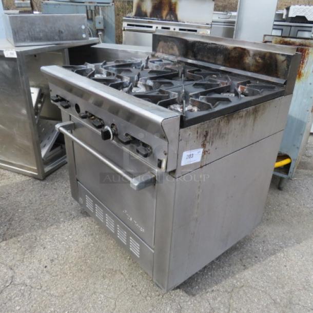 One WORKING  US Range Natural Gas 6 Burner/Convection Oven  Range With 2 Racks, On Casters. Model# PS-6-26RC. 36X32X43. $11,761.00. - Image 4 of 4