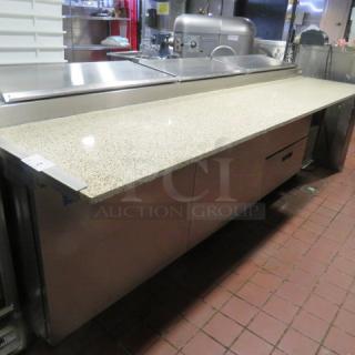 One WORKING Delfield 2 Door 2 Drawer Mega Top Refrigerated Pizza Prep Table With 2 Racks, And  A Custom Made 24 Inch Marble Cutting Board On Casters. Model# 186114PTB.115 Volt. $14,691.00