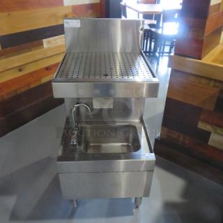 One Glastender Stainless Steel Underbar Drain Table With Under Sink With Faucet. Model# SWB-18-DB. 18X24X37. $1860.39