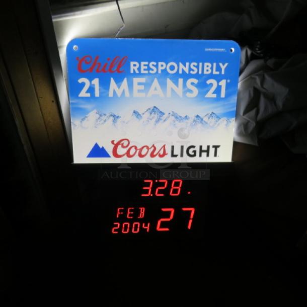One WORKING Coors Lighted Electronic Legal Age Calender Bar Light. - Image 1 of 1