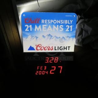One WORKING Coors Lighted Electronic Legal Age Calender Bar Light.