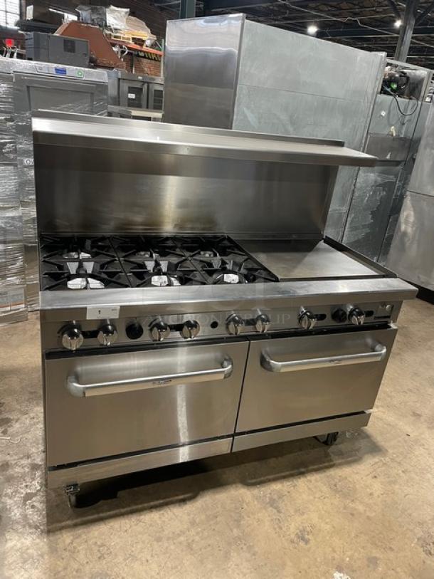 Sweet! Cook-Rite Commercial Stainless Steel Natural Gas Powered 6 Burner/Flat Griddle Split Top Range & Double Oven Combo! With Backsplash & Overhead Salamander Shelf! With Wire Oven Racks! On Casters! - Image 1 of 9