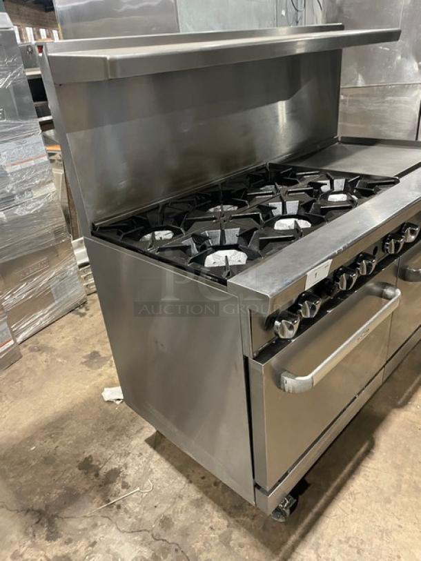 Sweet! Cook-Rite Commercial Stainless Steel Natural Gas Powered 6 Burner/Flat Griddle Split Top Range & Double Oven Combo! With Backsplash & Overhead Salamander Shelf! With Wire Oven Racks! On Casters! - Image 2 of 9