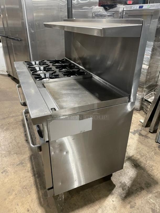 Sweet! Cook-Rite Commercial Stainless Steel Natural Gas Powered 6 Burner/Flat Griddle Split Top Range & Double Oven Combo! With Backsplash & Overhead Salamander Shelf! With Wire Oven Racks! On Casters! - Image 3 of 9