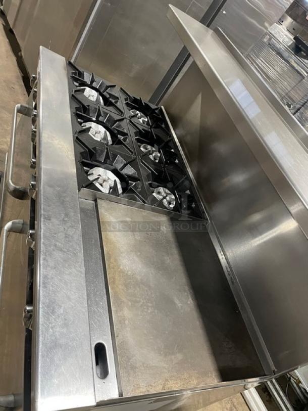Sweet! Cook-Rite Commercial Stainless Steel Natural Gas Powered 6 Burner/Flat Griddle Split Top Range & Double Oven Combo! With Backsplash & Overhead Salamander Shelf! With Wire Oven Racks! On Casters! - Image 5 of 9