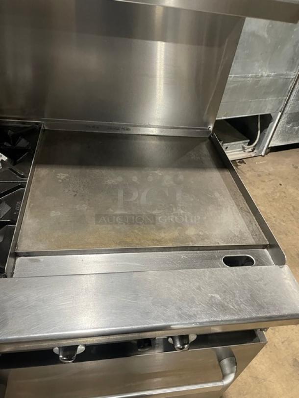 Sweet! Cook-Rite Commercial Stainless Steel Natural Gas Powered 6 Burner/Flat Griddle Split Top Range & Double Oven Combo! With Backsplash & Overhead Salamander Shelf! With Wire Oven Racks! On Casters! - Image 6 of 9