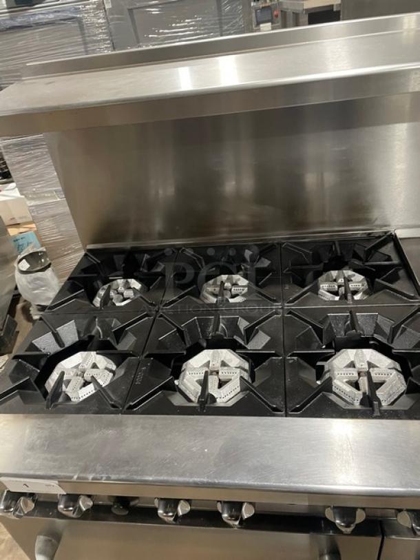 Sweet! Cook-Rite Commercial Stainless Steel Natural Gas Powered 6 Burner/Flat Griddle Split Top Range & Double Oven Combo! With Backsplash & Overhead Salamander Shelf! With Wire Oven Racks! On Casters! - Image 7 of 9