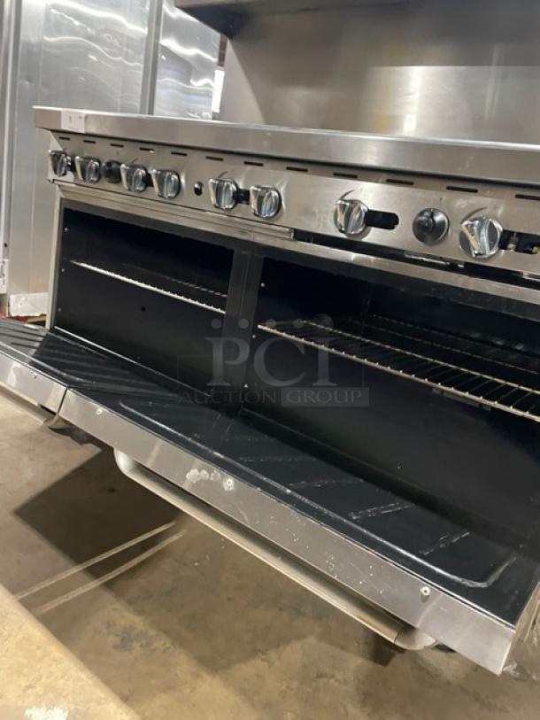 Sweet! Cook-Rite Commercial Stainless Steel Natural Gas Powered 6 Burner/Flat Griddle Split Top Range & Double Oven Combo! With Backsplash & Overhead Salamander Shelf! With Wire Oven Racks! On Casters! - Image 8 of 9