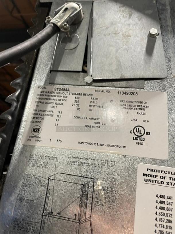 Manitowoc Commercial Stainless Steel Air-Cooled Ice Cube Making Machine Head/Ice-O-Matic Ice Bin Combo! With Flow Control Ice Sheild & Lift-Up Stay-Open Style Door! Model: SY0454A SN: 110490208! 115V 1 Phase! On Legs! - Image 7 of 9