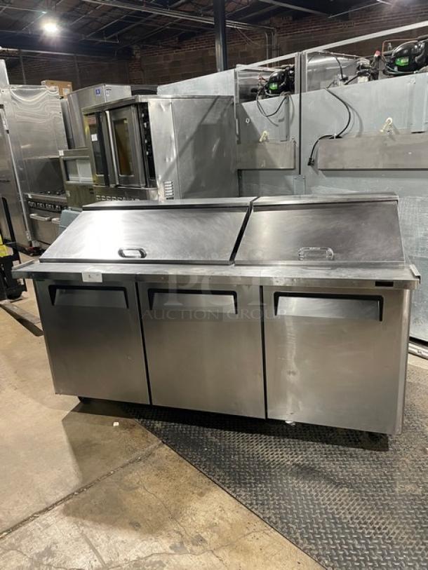 Turbo-Air Commercial Stainless Steel 3 Door Refrigerated Bain Marie Style Mega Top Salad/Sandwich Prep Table! With Poly Coated Wire Rack! Model: MST-72-30-N! 115V 1 Phase! On Casters! - Image 1 of 9