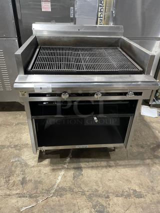 Amazing! U.S. Range Commercial Stainless Steel Natural Gas Powered Char Broiler! With Back & Side Splash! With Pan Rail! With Enclosed Storage Base! On Legs! Working When Removed!