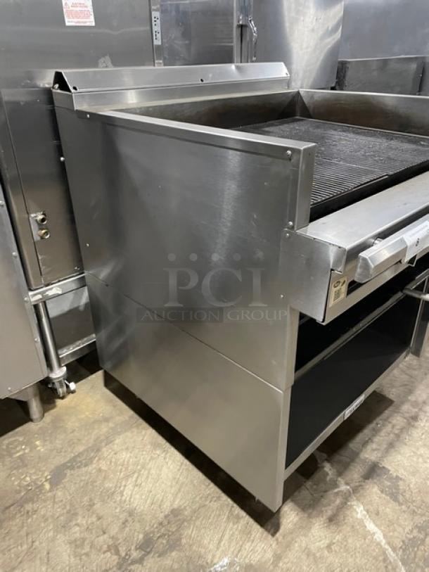 Amazing! U.S. Range Commercial Stainless Steel Natural Gas Powered Char Broiler! With Back & Side Splash! With Pan Rail! With Enclosed Storage Base! On Legs! Working When Removed! - Image 3 of 9