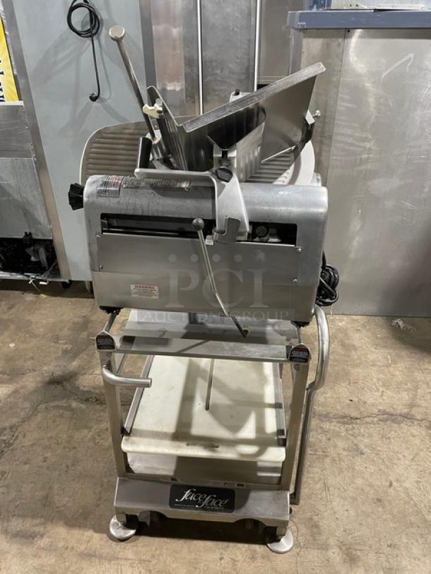 Hobart Commercial Heavy Duty Electric Powered Countertop Deli Meat Slicer! Model: 1712E SN: 56-932-680! 115V 1 Phase! On Face-To-Face Commercial Stainless Steel Double Shelf Equipment Cart/Stand! With Legs & Casters! - Image 2 of 9