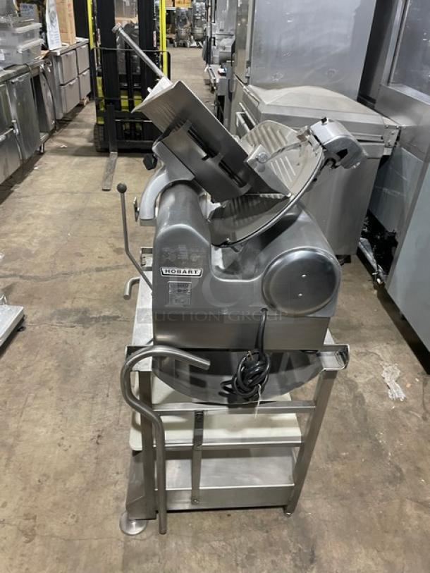 Hobart Commercial Heavy Duty Electric Powered Countertop Deli Meat Slicer! Model: 1712E SN: 56-932-680! 115V 1 Phase! On Face-To-Face Commercial Stainless Steel Double Shelf Equipment Cart/Stand! With Legs & Casters! - Image 3 of 9