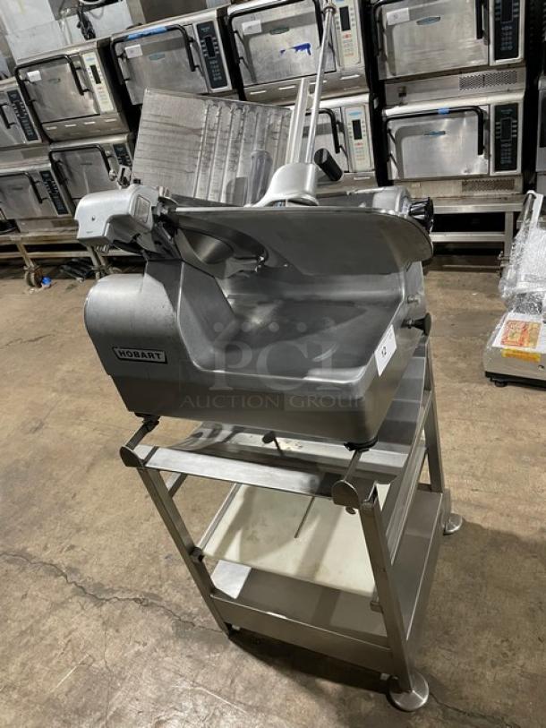 Hobart Commercial Heavy Duty Electric Powered Countertop Deli Meat Slicer! Model: 1712E SN: 56-932-680! 115V 1 Phase! On Face-To-Face Commercial Stainless Steel Double Shelf Equipment Cart/Stand! With Legs & Casters! - Image 4 of 9