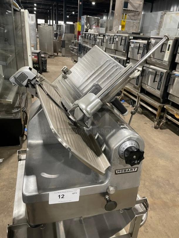Hobart Commercial Heavy Duty Electric Powered Countertop Deli Meat Slicer! Model: 1712E SN: 56-932-680! 115V 1 Phase! On Face-To-Face Commercial Stainless Steel Double Shelf Equipment Cart/Stand! With Legs & Casters! - Image 5 of 9