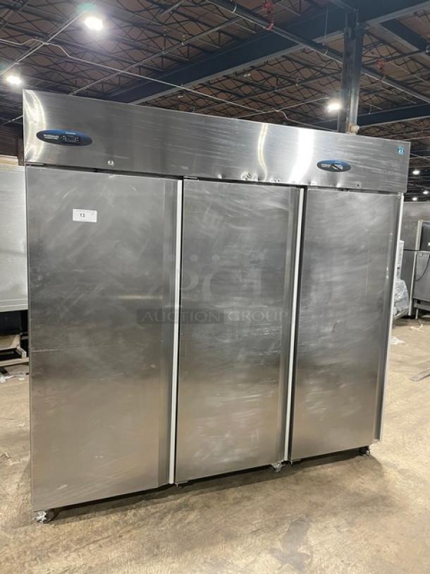 Hoshizaki Commercial Stainless Steel Solid 3 Door Reach In Refrigerator! With Poly Coated Wire Racks! Model: CR3S-FSCL SN: F70019J! 115V 1 Phase! On Casters! - Image 1 of 11