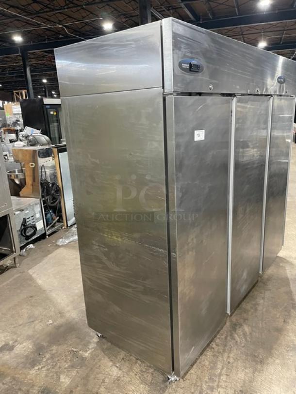 Hoshizaki Commercial Stainless Steel Solid 3 Door Reach In Refrigerator! With Poly Coated Wire Racks! Model: CR3S-FSCL SN: F70019J! 115V 1 Phase! On Casters! - Image 2 of 11