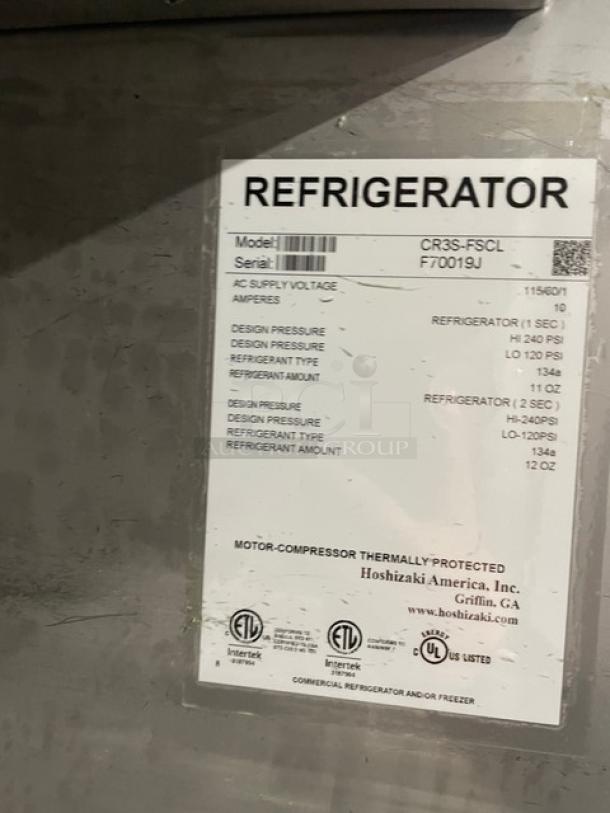 Hoshizaki Commercial Stainless Steel Solid 3 Door Reach In Refrigerator! With Poly Coated Wire Racks! Model: CR3S-FSCL SN: F70019J! 115V 1 Phase! On Casters! - Image 8 of 11