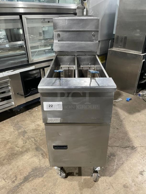 Pitco Commercial Stainless Steel Natual Gas Powered Floor Model Split Tank Deep Fat Fryer! With Back Splash & Basket Hanger! Frying Baskets! On Casters! - Image 1 of 9