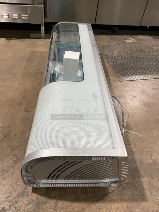 NEW! Scratch-N-Dent! Marchia Commercial Stainless Steel/Curved Glass 53" Refrigerated 5-Pan Sushi Display Showcase! With LED Lights! With Rear Sliding Glass Doors! With New Steam Table/Hotel Pans! Model: MSU150S SN: 1301302100046! 110-120V! On Legs! - Image 2 of 8