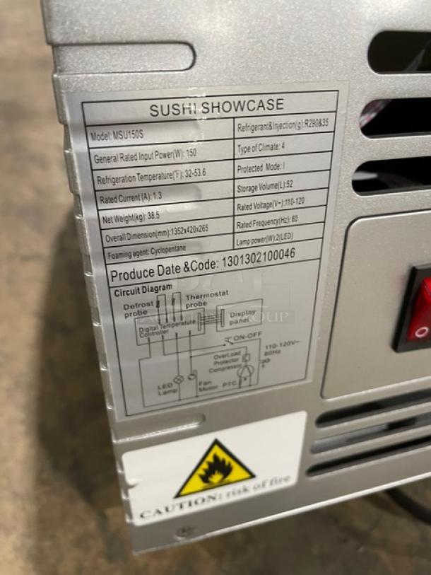 NEW! Scratch-N-Dent! Marchia Commercial Stainless Steel/Curved Glass 53" Refrigerated 5-Pan Sushi Display Showcase! With LED Lights! With Rear Sliding Glass Doors! With New Steam Table/Hotel Pans! Model: MSU150S SN: 1301302100046! 110-120V! On Legs! - Image 6 of 8