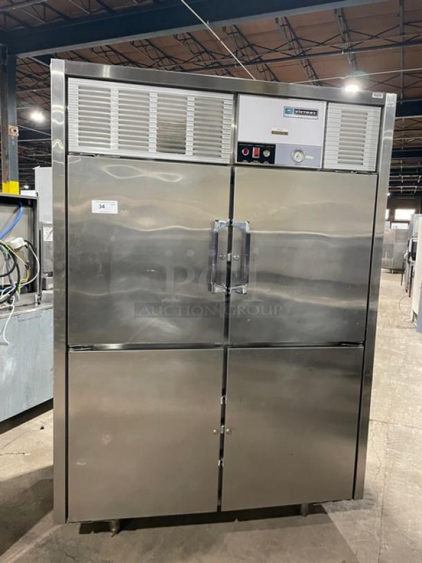Victory Commercial Stainless Steel Solid 4 Door 2 Section Reach In Refrigerator! With Wire Rack & Built In Pan Holding! On Legs! - Image 1 of 9