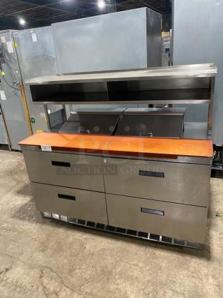 Delfield Commercial Stainless Steel 4 Drawer Refrigerated Bain Marie Style Mega Top Salad/Sandwich Prep Table! With Enclosed Overhead Storage Shelf! With Wooden Butcher/Chopping Block Style Cutting Board! Model: UCD4464N-12-DD5 SN: 1405152001114! 115V 1 Phase! On Casters!