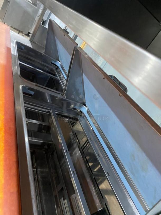 Delfield Commercial Stainless Steel 4 Drawer Refrigerated Bain Marie Style Mega Top Salad/Sandwich Prep Table! With Enclosed Overhead Storage Shelf! With Wooden Butcher/Chopping Block Style Cutting Board! Model: UCD4464N-12-DD5 SN: 1405152001114! 115V 1 Phase! On Casters! - Image 6 of 10
