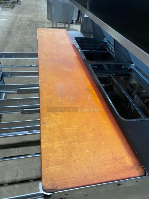 Delfield Commercial Stainless Steel 4 Drawer Refrigerated Bain Marie Style Mega Top Salad/Sandwich Prep Table! With Enclosed Overhead Storage Shelf! With Wooden Butcher/Chopping Block Style Cutting Board! Model: UCD4464N-12-DD5 SN: 1405152001114! 115V 1 Phase! On Casters! - Image 7 of 10