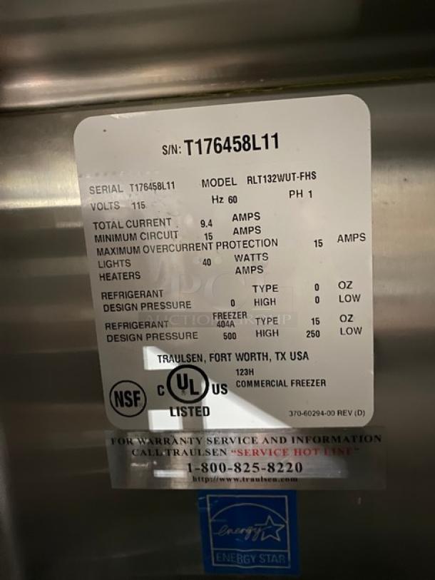 Traulsen Commercial Stainless Steel Solid Single Door Reach In Freezer! Energy Star Certified! With Built In Pan Holding Racks! Model: RLT132WUT-FHS SN: T176458L11! 115V 1 Phase! On Legs! Working When Removed! - Image 7 of 9