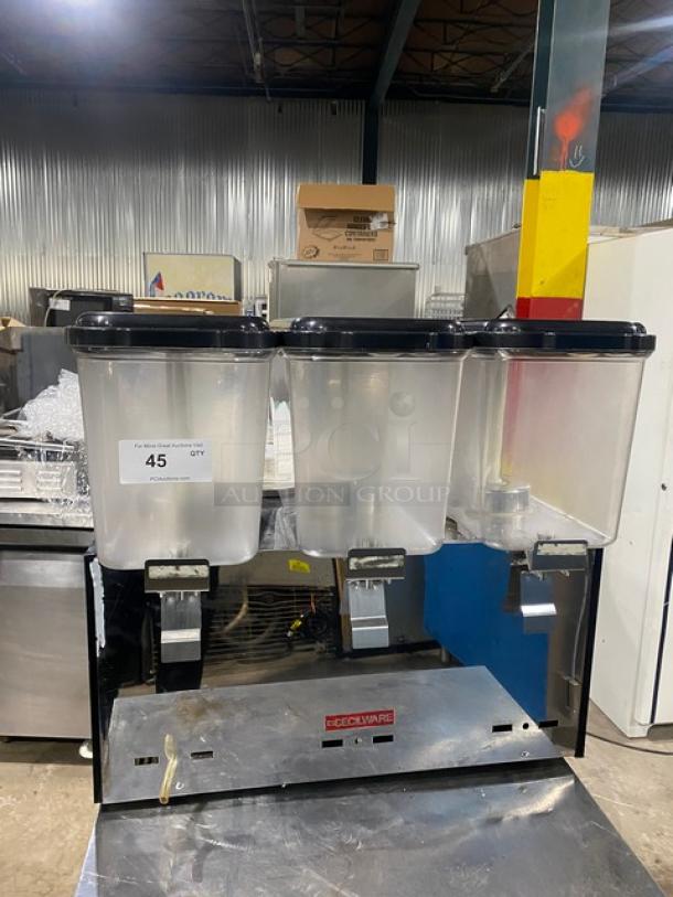 Cecilware Commercial Stainless Steel Electric Powered Countertop Refrigerated Triple Cold Beverage/Juice Dispenser Machine! With Three 18 L. Clear Polycarbonate Hoppers! Model: LYJ/LYP18Lx3! 110-130V! - Image 1 of 10