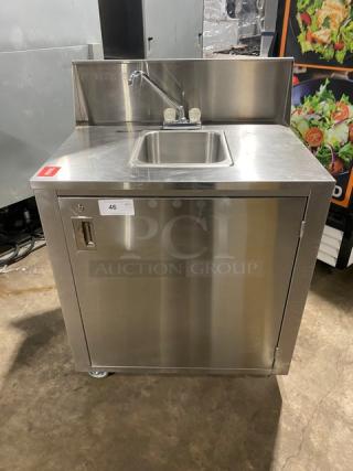 Commercial Stainless Steel Single Well Hot & Cold Mobile Handwashing Station! With Back Splash & Swivel Gooseneck Faucet! With Enclosed Cabinet Type Base! On Casters!