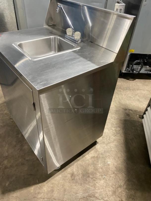Commercial Stainless Steel Single Well Hot & Cold Mobile Handwashing Station! With Back Splash & Swivel Gooseneck Faucet! With Enclosed Cabinet Type Base! On Casters! - Image 2 of 6