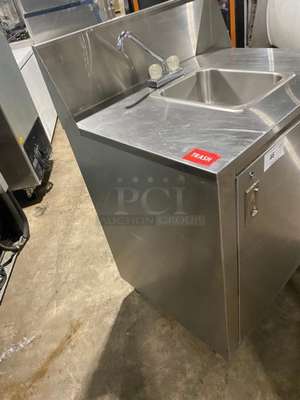 Commercial Stainless Steel Single Well Hot & Cold Mobile Handwashing Station! With Back Splash & Swivel Gooseneck Faucet! With Enclosed Cabinet Type Base! On Casters! - Image 3 of 6