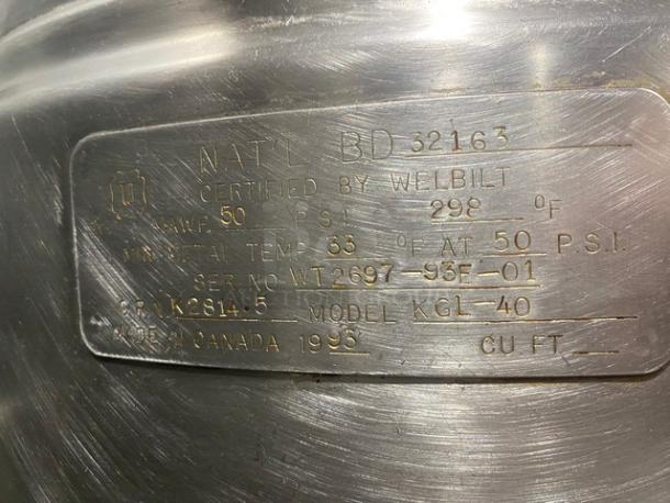 WOW! Cleveland Range Commercial Stainless Steel Natural Gas Powered Self Contained 40 Lb. Stationary Steam Kettle! With Gooseneck Faucet! Model: KGL-40 SN: WT2697-93E-01! On Legs! Working When Removed! - Image 7 of 9