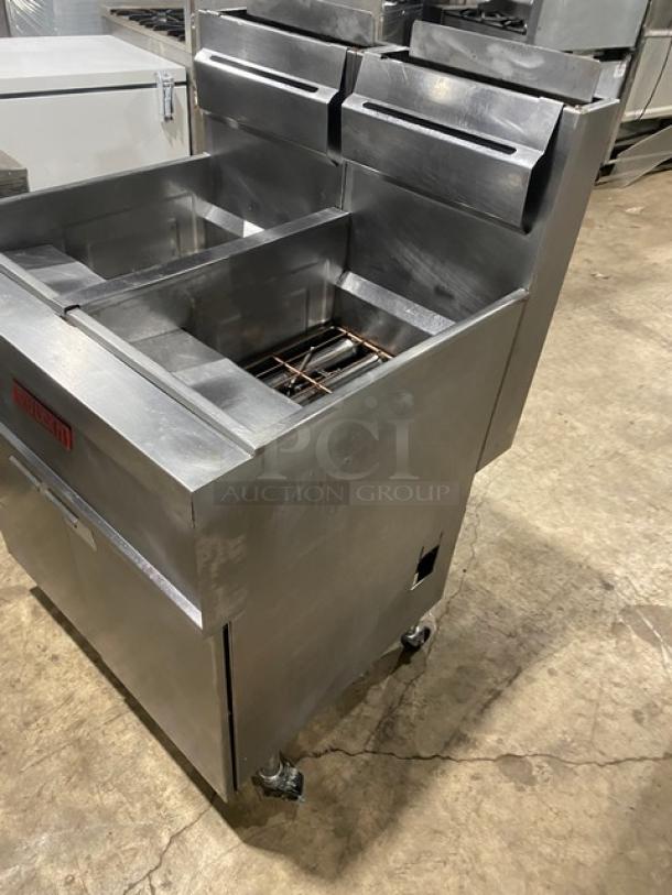 Amazing! Vulcan Commercial Stainless Steel Natural Gas Powered Double-Bay Deep Fat Fryer! With Back Splash & Basket Hangers! With Oil Filter System! On Casters! Working When Removed! - Image 2 of 10