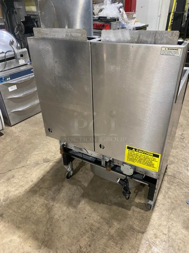 Amazing! Vulcan Commercial Stainless Steel Natural Gas Powered Double-Bay Deep Fat Fryer! With Back Splash & Basket Hangers! With Oil Filter System! On Casters! Working When Removed! - Image 3 of 10