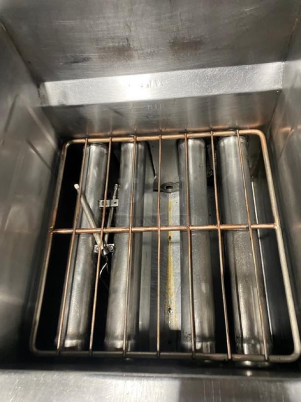 Amazing! Vulcan Commercial Stainless Steel Natural Gas Powered Double-Bay Deep Fat Fryer! With Back Splash & Basket Hangers! With Oil Filter System! On Casters! Working When Removed! - Image 6 of 10