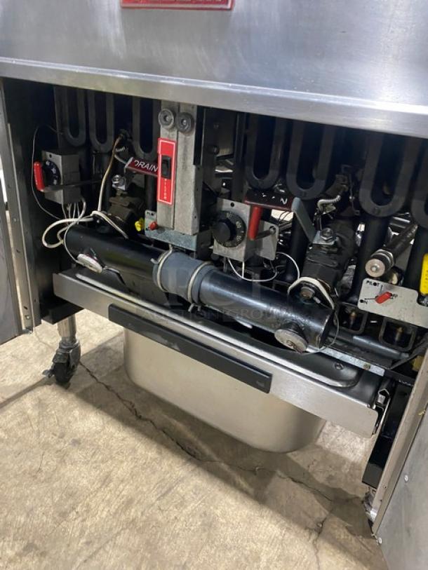 Amazing! Vulcan Commercial Stainless Steel Natural Gas Powered Double-Bay Deep Fat Fryer! With Back Splash & Basket Hangers! With Oil Filter System! On Casters! Working When Removed! - Image 7 of 10