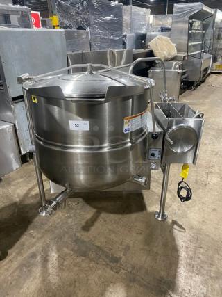 Cleveland Commercial Stainless Steel Natural Gas Powered Self-Contained 2/3 Steam Jacketed 60 Gal. Tilting Kettle! With Gooseneck Faucet! Model: KGL-60-T SN: 140623053445! 120V 1 Phase! On Legs!
