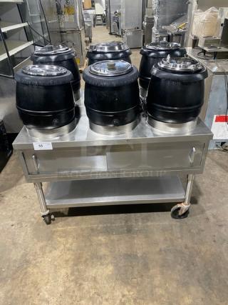 Custom Commercial Stainless Steel Electric Powered 6-Kettle Soup/Food Warming Cart! With Enclosed Storage Cabinet & Single Undershelf! On Casters!