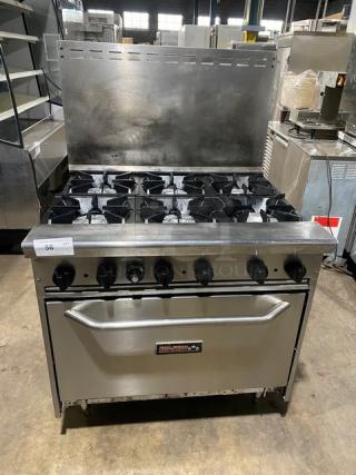 Tri-Star Commercial Stainless Steel Natural Gas Powered 6 Burner Range/Oven Combo! With Back Splash! With Wire Oven Racks! Model: TSR-6-N SN: 991371111024! On Legs!