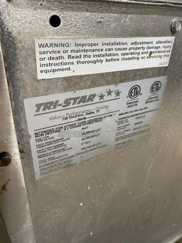 Tri-Star Commercial Stainless Steel Natural Gas Powered 6 Burner Range/Oven Combo! With Back Splash! With Wire Oven Racks! Model: TSR-6-N SN: 991371111024! On Legs! - Image 9 of 10