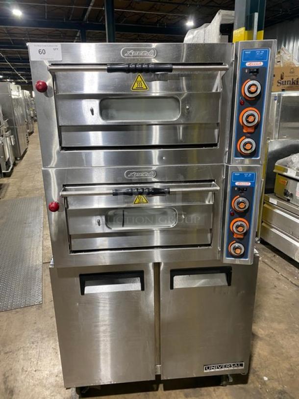 Leego Commercial Stainless Steel Electric Powered Double Stacked Pizza/Bakery Deck Oven! With Iron Bottoms! Model: RN-2109E SN: RN2109E1050000790GA! 220V! On Universal Coolers Commercial Stainless Steel 2 Door Undercounter/Worktop Refrigerator! Model: SC-36-BMI SN: 6456424421091707! 115V! On Casters! ALL ONE MONEY! - Image 1 of 11