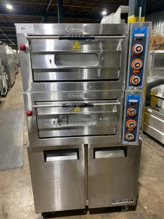 Leego Commercial Stainless Steel Electric Powered Double Stacked Pizza/Bakery Deck Oven! With Iron Bottoms! Model: RN-2109E SN: RN2109E1050000790GA! 220V! On Universal Coolers Commercial Stainless Steel 2 Door Undercounter/Worktop Refrigerator! Model: SC-36-BMI SN: 6456424421091707! 115V! On Casters! ALL ONE MONEY!