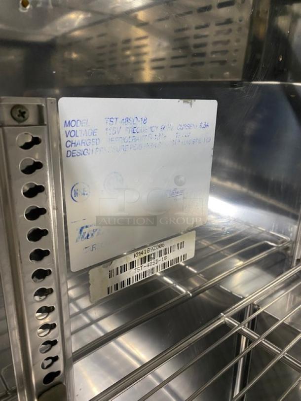 Turbo Air Commercial Stainless Steel 2 Door Refrigerated Bain Marie Style Mega Top Salad/Sandwich Prep Table! With Poly Coated Wire Racks! Model: TST-48SD-18 SN: KM4189Z006! 115V! On Casters! - Image 7 of 9