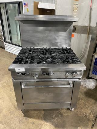 SunFire Commercial Stainless Steel Natural Gas Powered 6 Burner Range/Oven Combo! With Back Splash & Overhead Salamander Shelf! With Wire Oven Racks! On Casters!