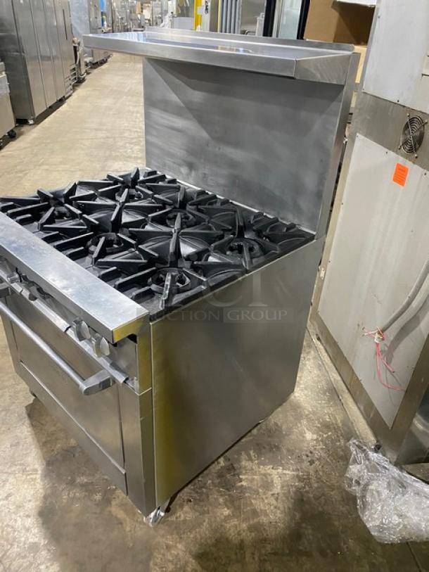 SunFire Commercial Stainless Steel Natural Gas Powered 6 Burner Range/Oven Combo! With Back Splash & Overhead Salamander Shelf! With Wire Oven Racks! On Casters! - Image 2 of 8